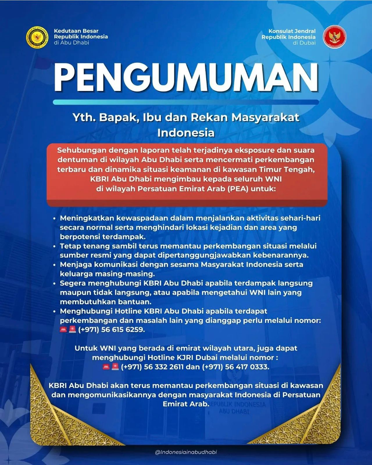 Imbauan danDaftar Nomor Hotline KBRI (Timur Tengah) terkait keberangkatan