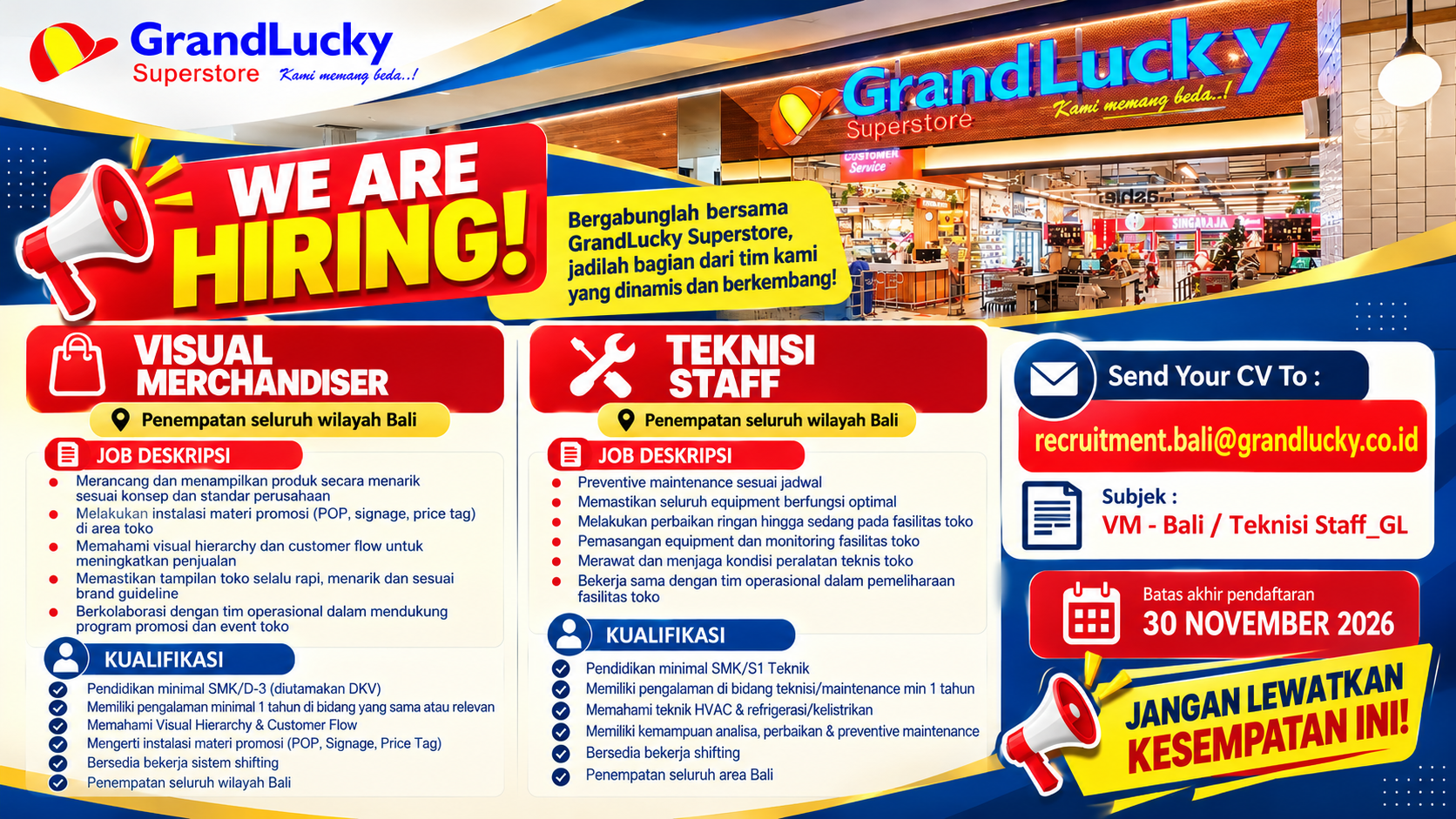 GrandLucky Superstore Bali Membuka Lowongan Kerja Posisi Visual Merchandiser dan Teknisi Staff